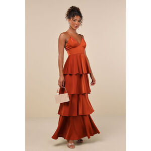 Lulus Going With Elegance Rust Brown Satin Tiered Gown - Size S